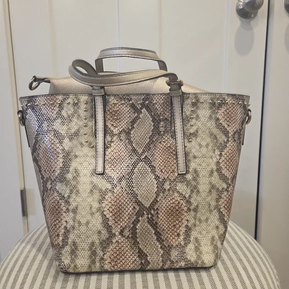 Calvin Klein Metallic Snake-Print Tote in Taupe and Pale Pink - Picture 4 of 4